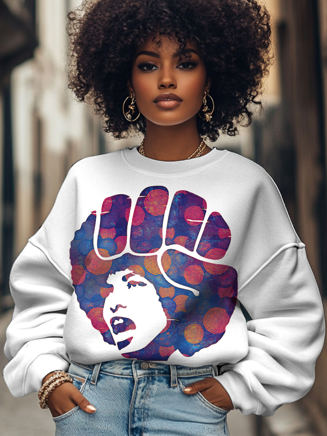 Women's Abstract Fist Angela Davis Print Cotton Long Sleeve T-Shirt Thin Sweatshirt-Styleame