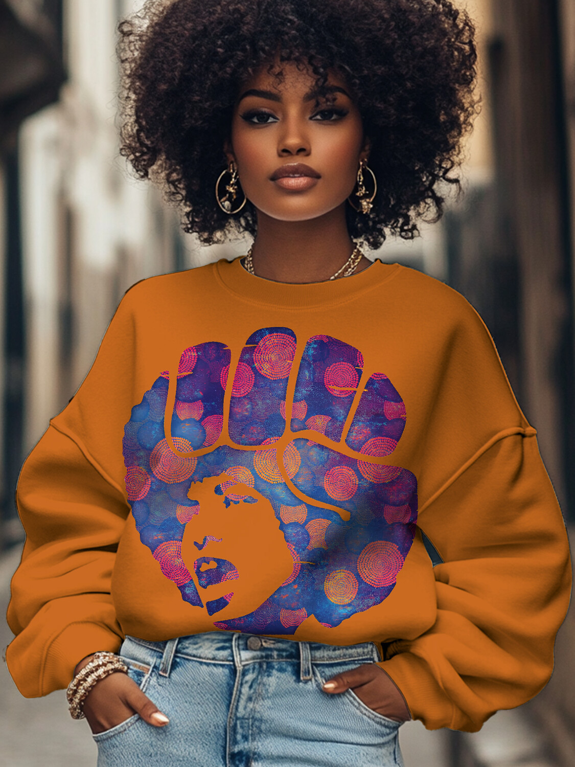 Women's Abstract Fist Angela Davis Print Cotton Long Sleeve T-Shirt Thin Sweatshirt-Styleame
