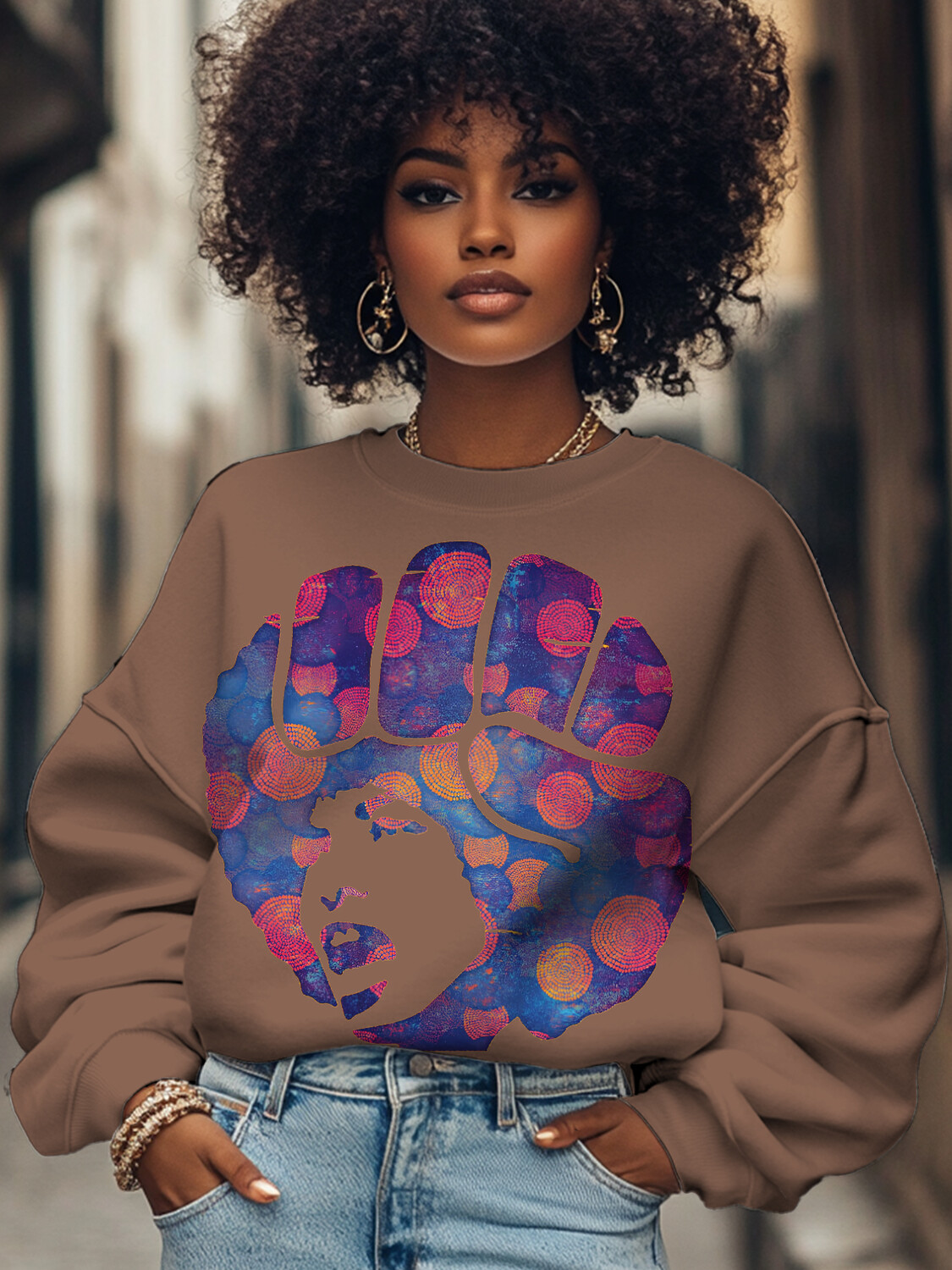 Women's Abstract Fist Angela Davis Print Cotton Long Sleeve T-Shirt Thin Sweatshirt-Styleame