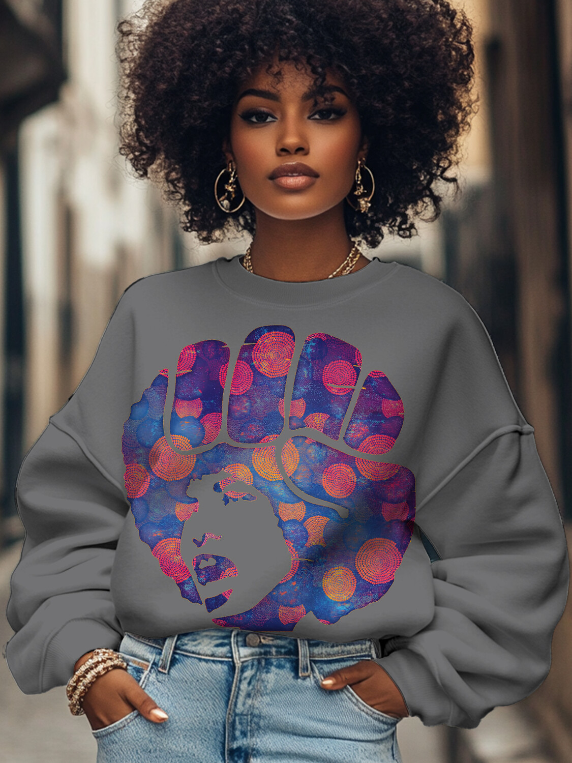 Women's Abstract Fist Angela Davis Print Cotton Long Sleeve T-Shirt Thin Sweatshirt-Styleame