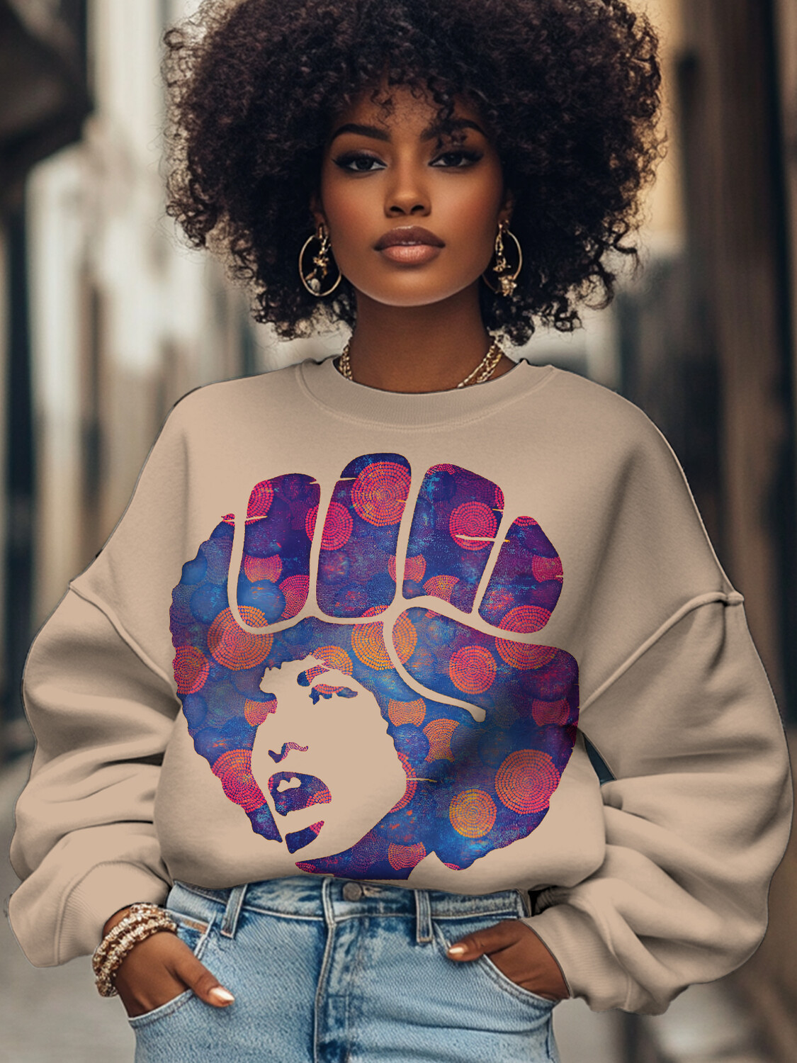 Women's Abstract Fist Angela Davis Print Cotton Long Sleeve T-Shirt Thin Sweatshirt-Styleame