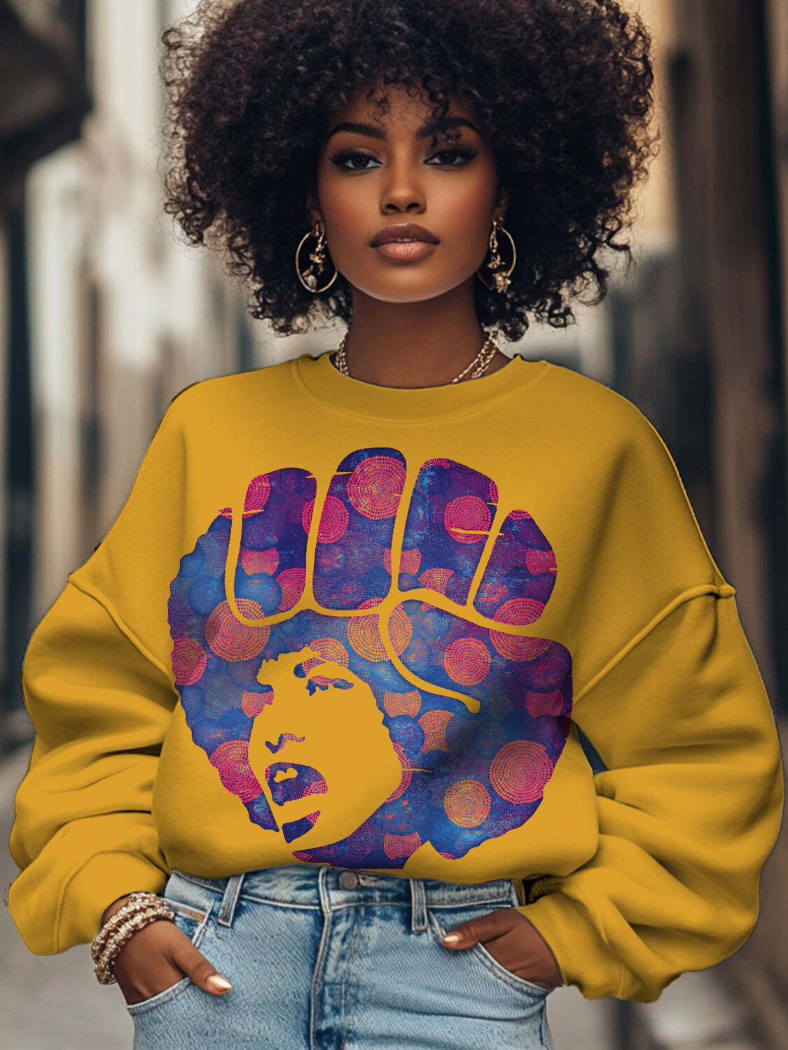 Women's Abstract Fist Angela Davis Print Cotton Long Sleeve T-Shirt Thin Sweatshirt-Styleame