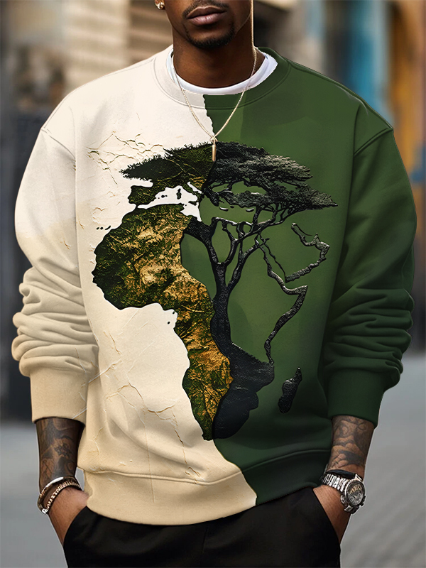 Men's Africa Map Tree Roots Splicing Art Print Casual Sweatshirt-Styleame