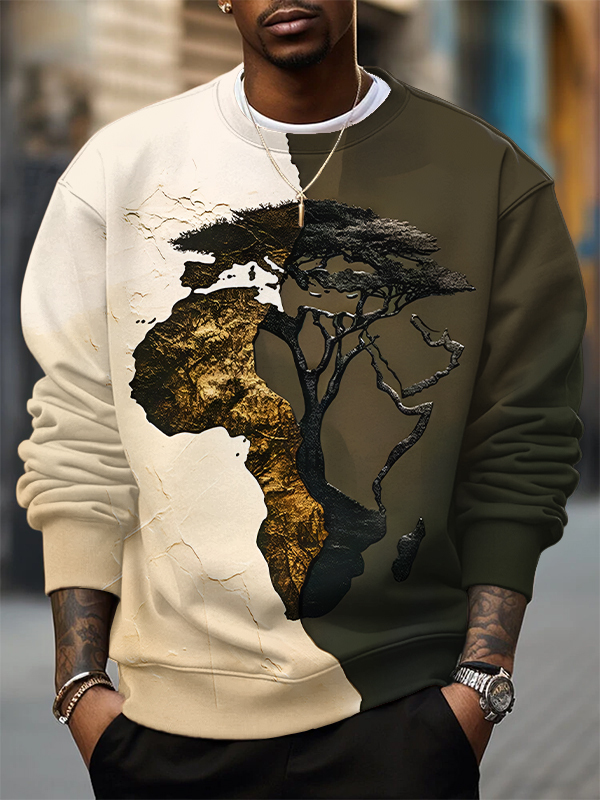 Men's Africa Map Tree Roots Splicing Art Print Casual Sweatshirt-Styleame