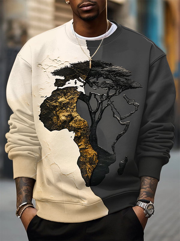 Men's Africa Map Tree Roots Splicing Art Print Casual Sweatshirt-Styleame