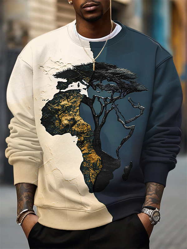Men's Africa Map Tree Roots Splicing Art Print Casual Sweatshirt-Styleame