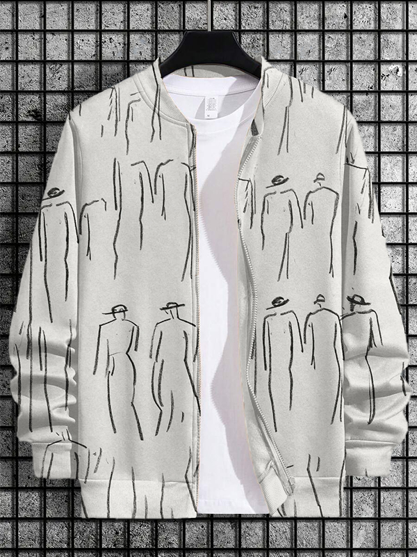 Men's Figure Sketch Abstract Line Art Print Casual Zip Up Jacket-Styleame