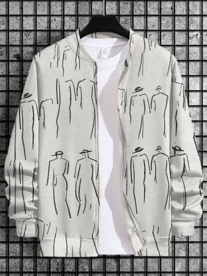 Men's Figure Sketch Abstract Line Art Print Casual Zip Up Jacket-Styleame