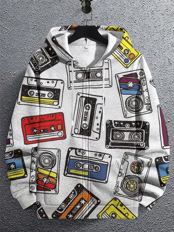 Men's Retro Cassette Tape Print Hooded Zip Up Jacket-Styleame