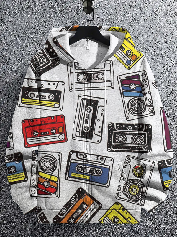 Men's Retro Cassette Tape Print Hooded Zip Up Jacket-Styleame