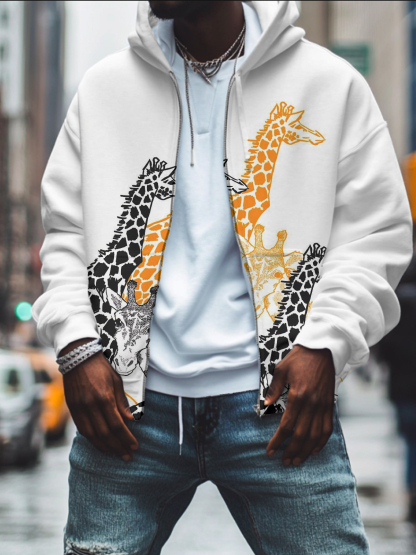 Men's Giraffe Print Hooded Zip Up Jacket-Styleame