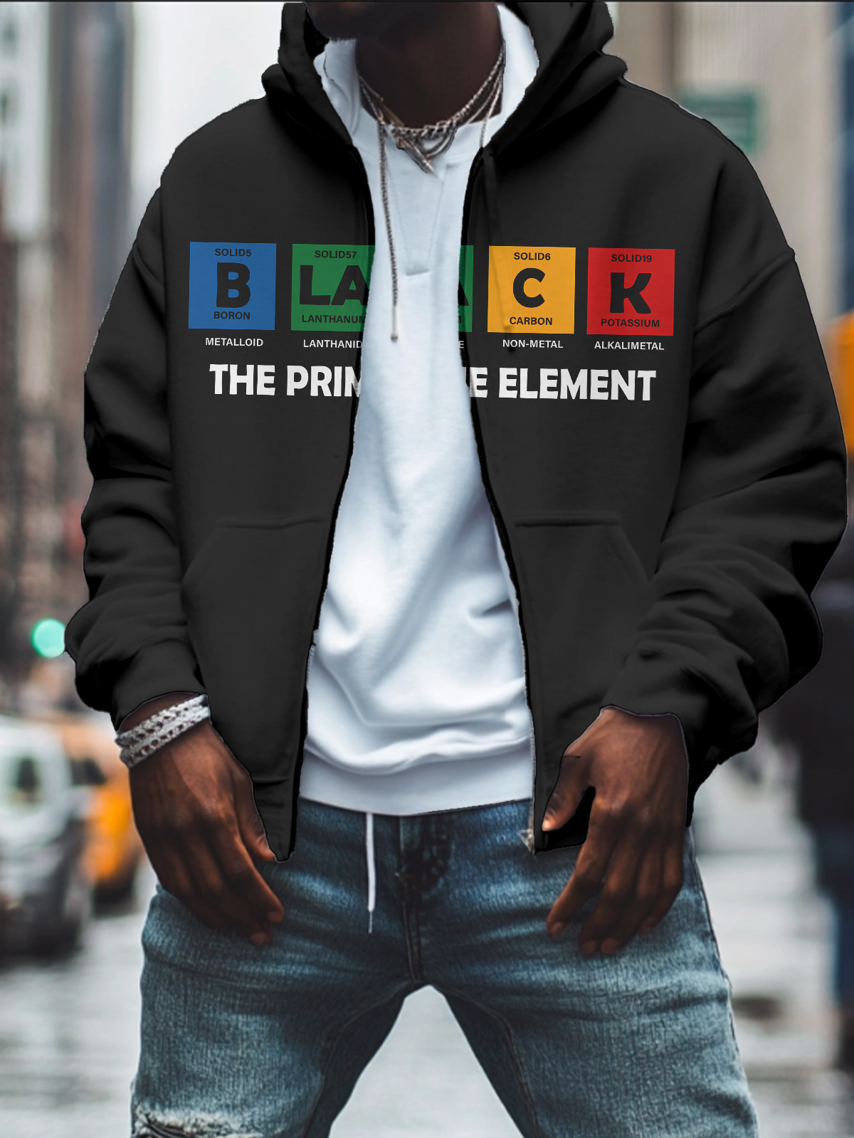 Men's Melanin Element Print Hooded Zip Up Jacket-Styleame