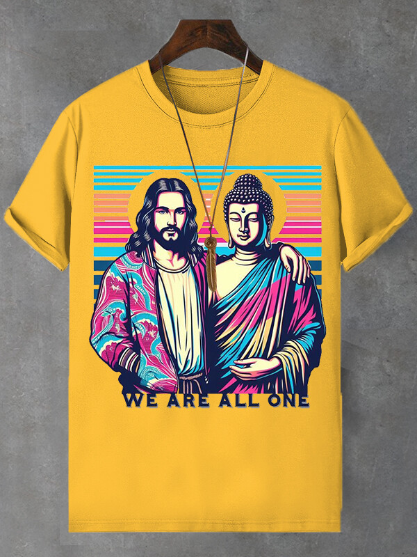 Men's We Are All One Jesus Buddha Print Cotton Casual T-Shirt-Styleame