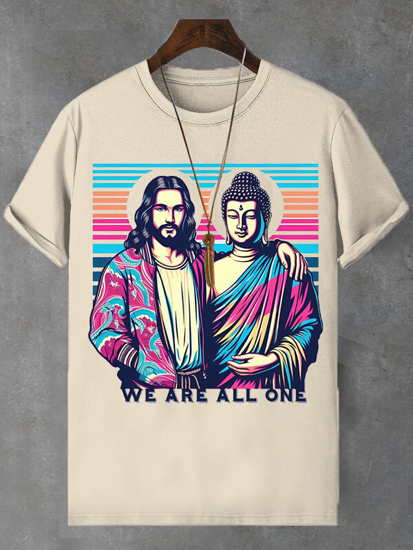 Men's We Are All One Jesus Buddha Print Cotton Casual T-Shirt-Styleame