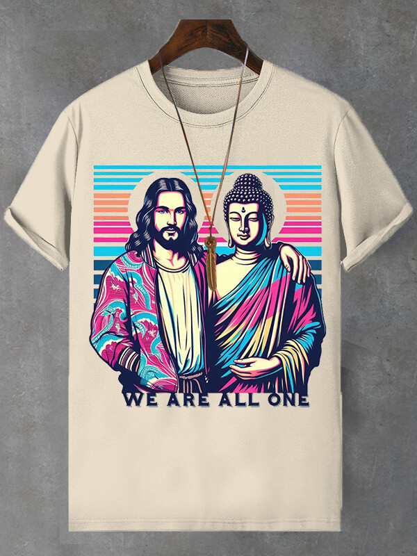 Men's We Are All One Jesus Buddha Print Cotton Casual T-Shirt-Styleame