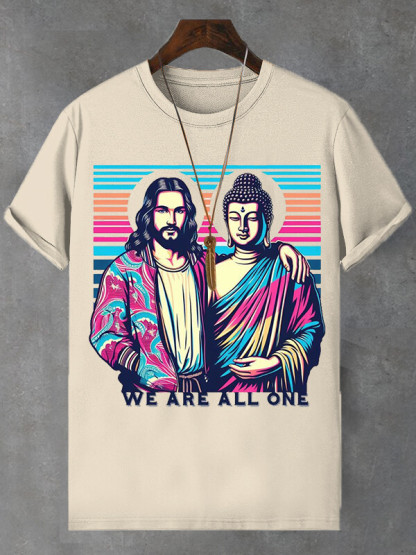 Men's We Are All One Jesus Buddha Print Cotton Casual T-Shirt-Styleame