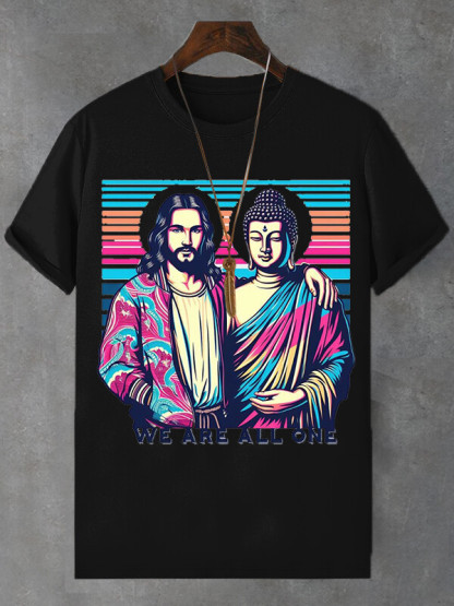 Men's We Are All One Jesus Buddha Print Cotton Casual T-Shirt-Styleame