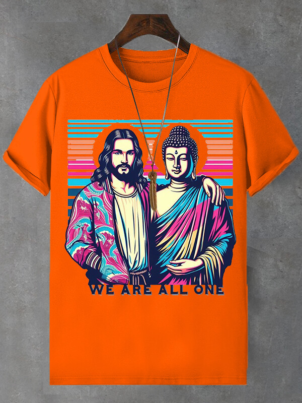 Men's We Are All One Jesus Buddha Print Cotton Casual T-Shirt-Styleame