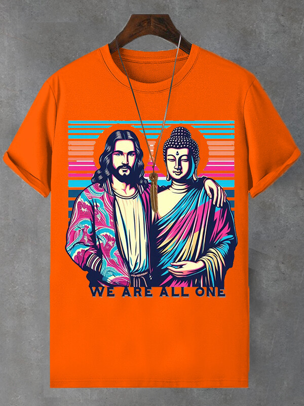 Men's We Are All One Jesus Buddha Print Cotton Casual T-Shirt-Styleame
