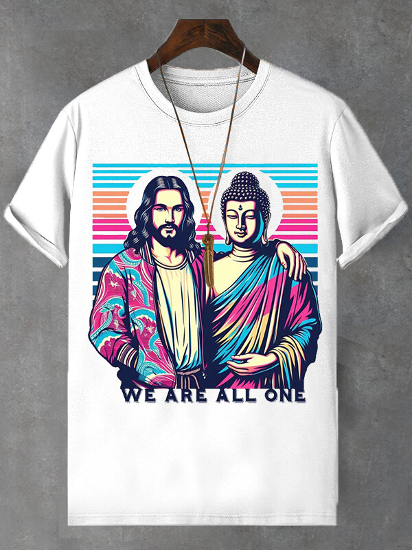 Men's We Are All One Jesus Buddha Print Cotton Casual T-Shirt-Styleame