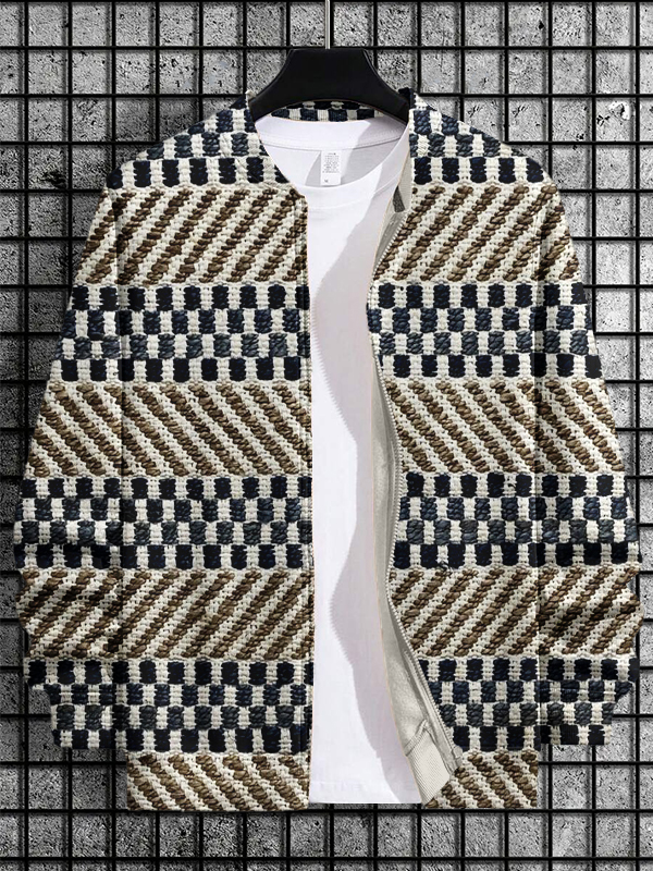 Men's Lattice Geometry Print Casual Zip Up Jacket-Styleame