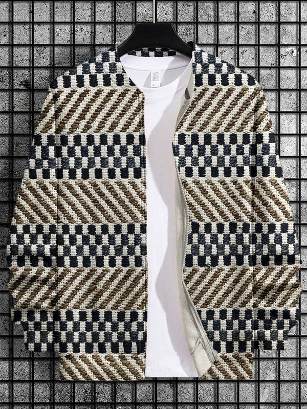 Men's Lattice Geometry Print Casual Zip Up Jacket-Styleame