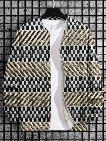 Men's Lattice Geometry Print Casual Zip Up Jacket-Styleame