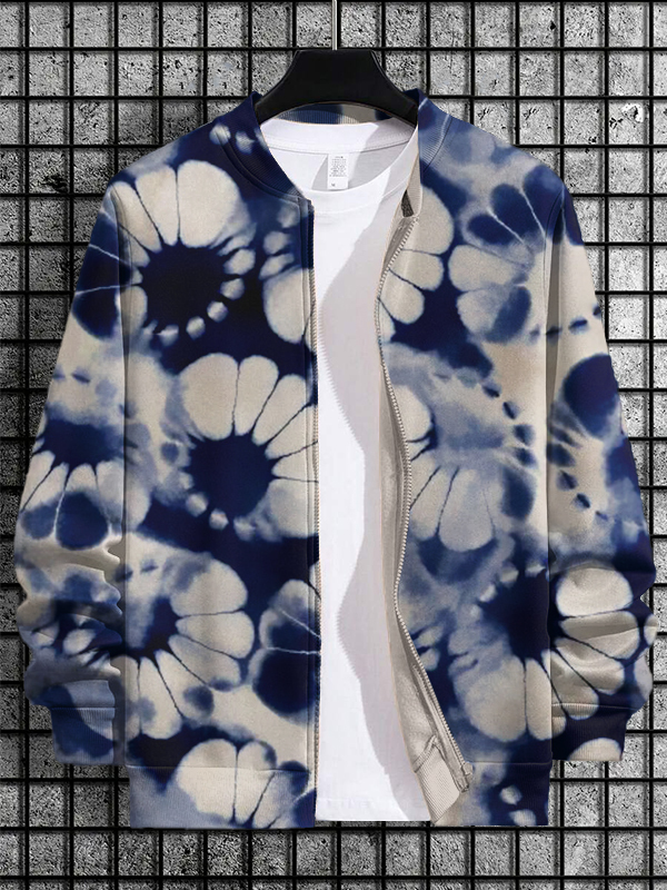Men's Floral Tie-Dye Art Print Casual Zip Up Jacket-Styleame