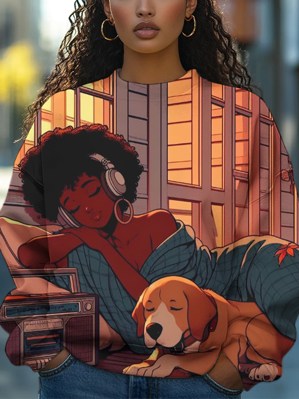 Women's Girl And Dog Listening To Music Art Print Casual Sweatshirt-Styleame