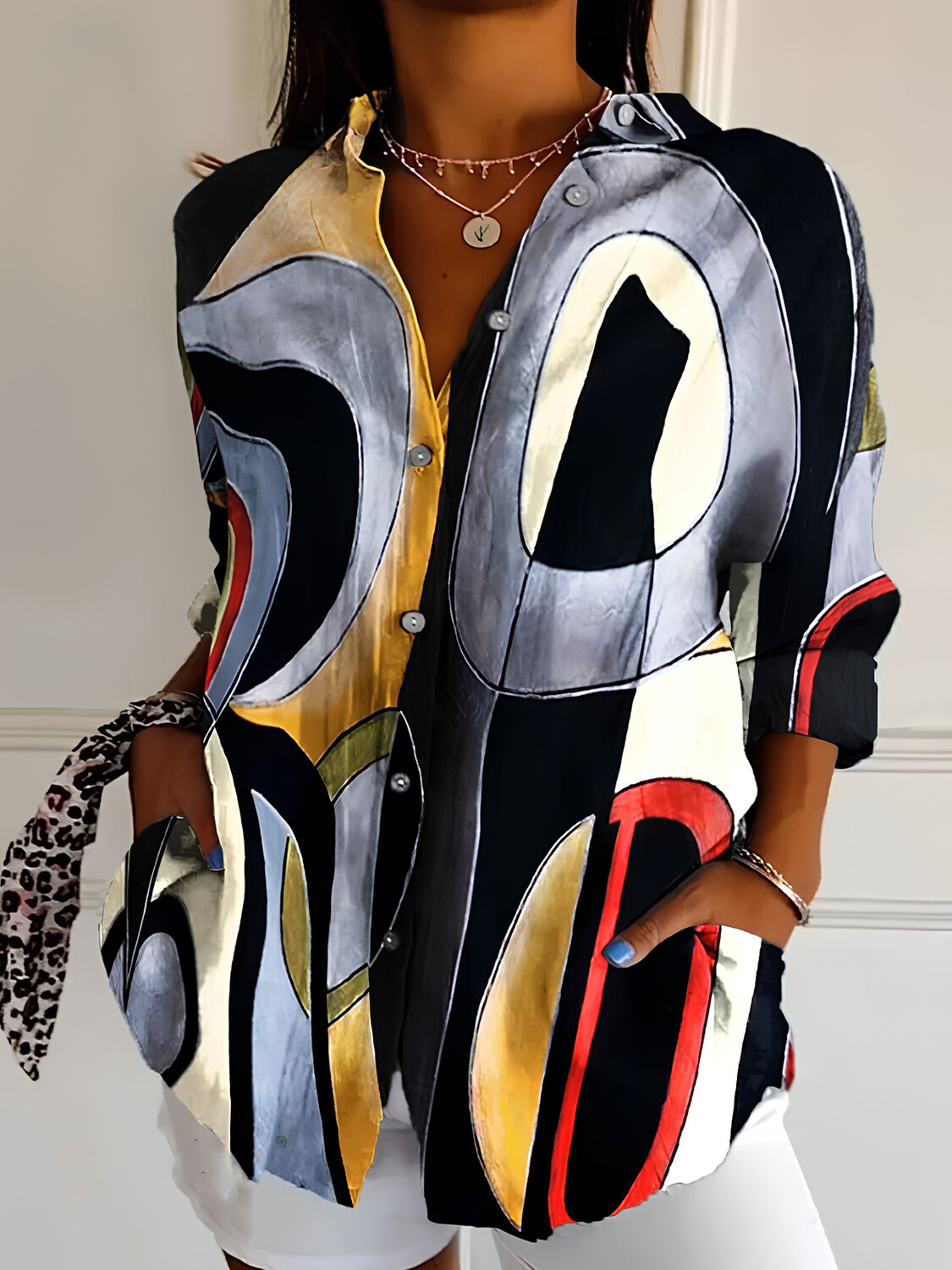 Women's Retro Abstract Colorful Traditional Printed Long Sleeve Shirt-Styleame