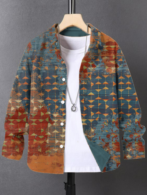 Men's Geometric Abstract Colorblock Print Corduroy Long Sleeve Shirt-Styleame