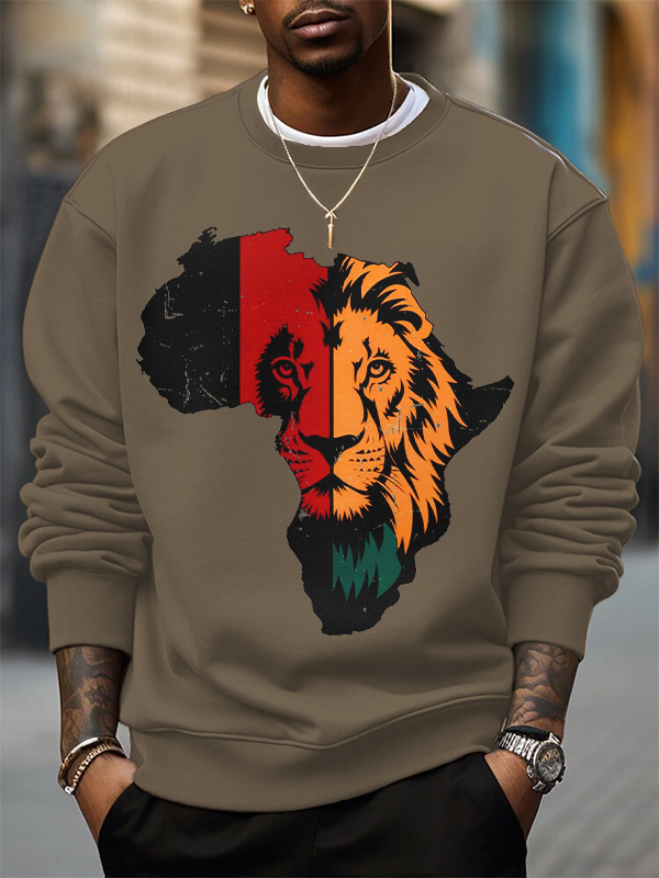 Men's Africa Map Lion Silhouette Print Cotton Casual Sweatshirt-Styleame