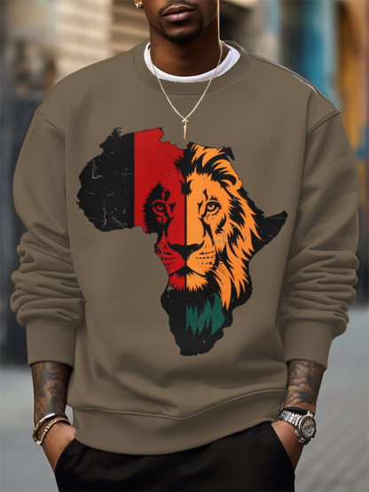 Men's Africa Map Lion Silhouette Print Cotton Casual Sweatshirt-Styleame
