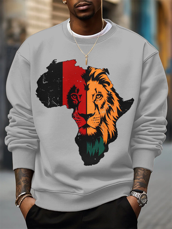 Men's Africa Map Lion Silhouette Print Cotton Casual Sweatshirt-Styleame
