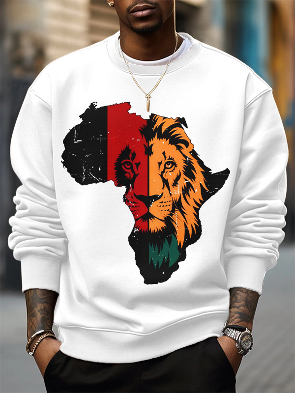 Men's Africa Map Lion Silhouette Print Cotton Casual Sweatshirt-Styleame