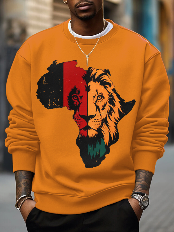 Men's Africa Map Lion Silhouette Print Cotton Casual Sweatshirt-Styleame
