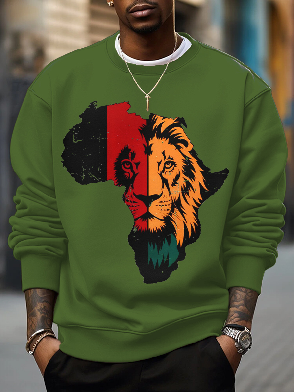 Men's Africa Map Lion Silhouette Print Cotton Casual Sweatshirt-Styleame