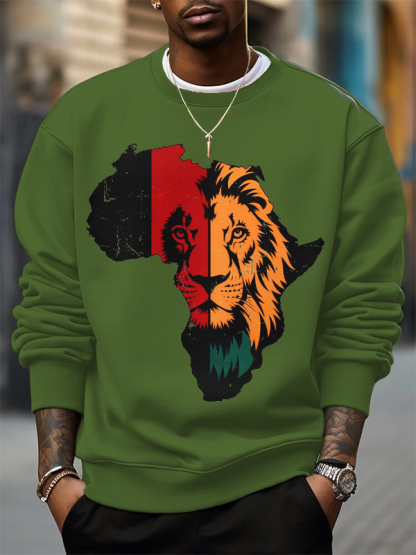 Men's Africa Map Lion Silhouette Print Cotton Casual Sweatshirt-Styleame