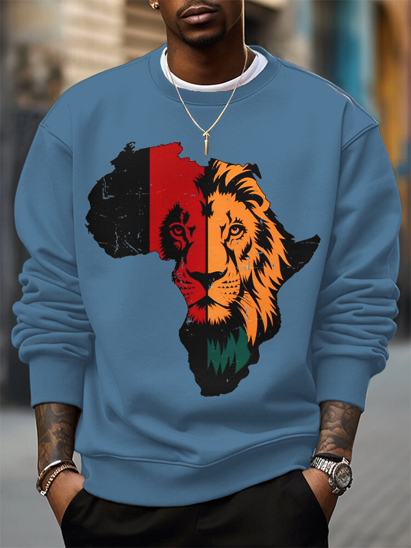 Men's Africa Map Lion Silhouette Print Cotton Casual Sweatshirt-Styleame