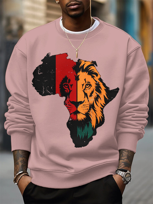 Men's Africa Map Lion Silhouette Print Cotton Casual Sweatshirt-Styleame