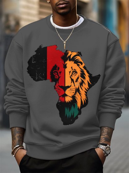 Men's Africa Map Lion Silhouette Print Cotton Casual Sweatshirt-Styleame