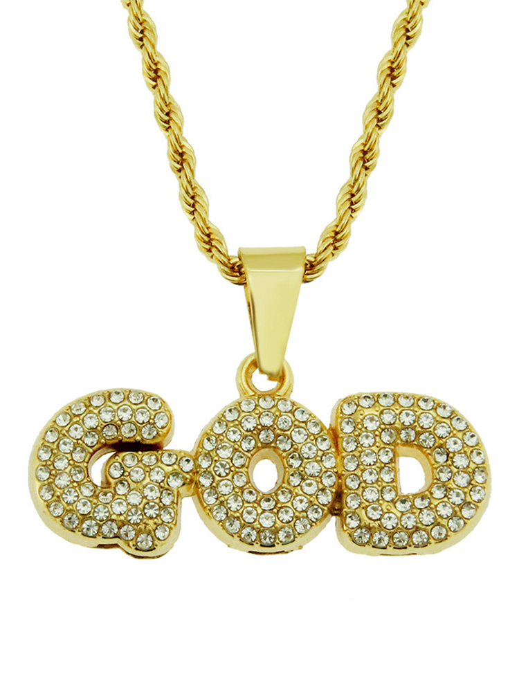 Men's Rhinestone God Letter Pendant Necklace-Styleame