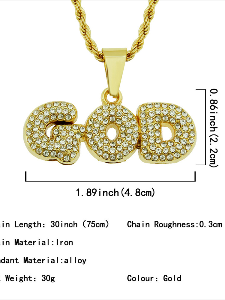 Men's Rhinestone God Letter Pendant Necklace-Styleame