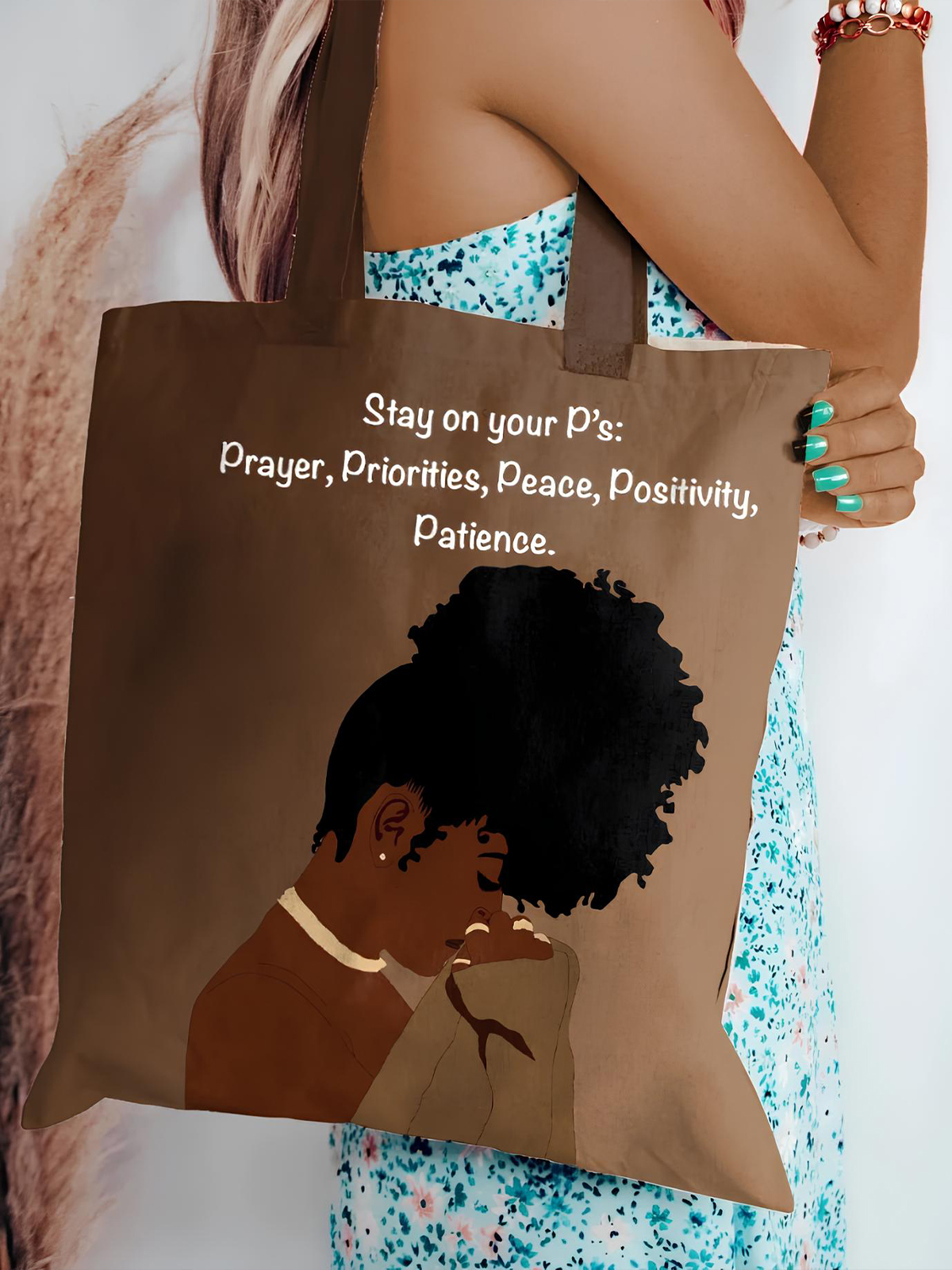 Women's Stay On Your P's Print Shoulder Tote Bag-Styleame