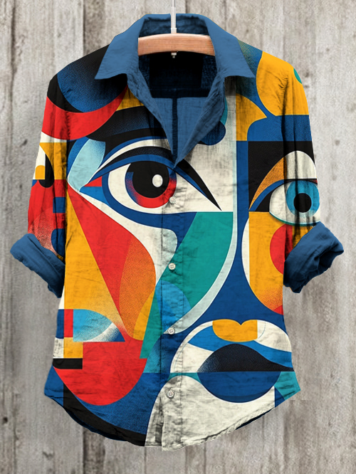 Women's Bright Colored Block Abstract Portrait Geometric Art Print Long Sleeve Shirt-Styleame