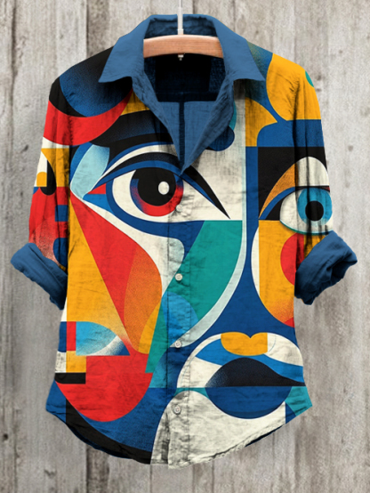 Women's Bright Colored Block Abstract Portrait Geometric Art Print Long Sleeve Shirt-Styleame