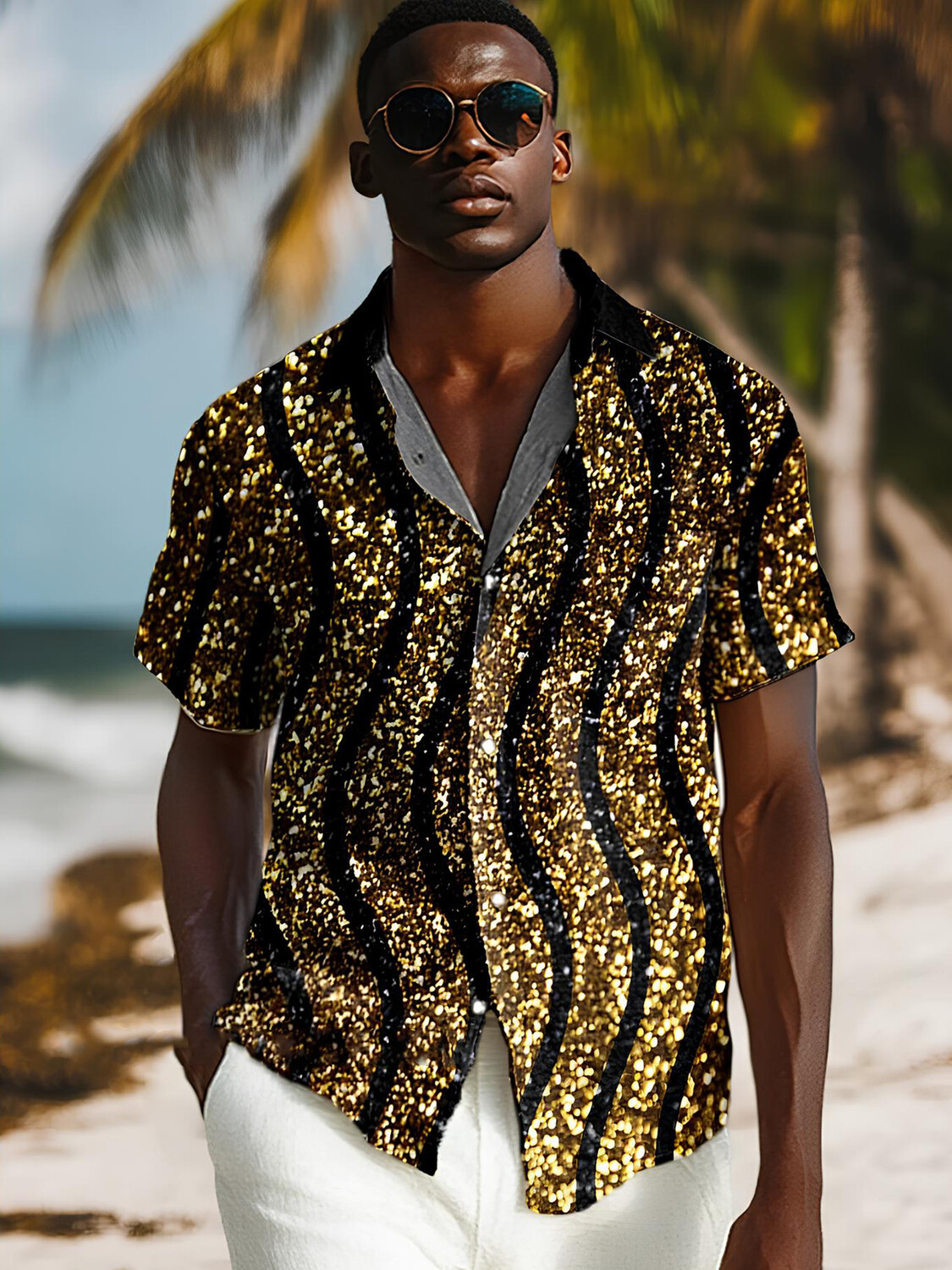 Men's Fashion Shiny Stripes Art Print Casual Shirt-Styleame