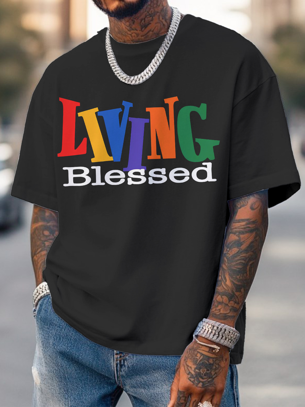 Men's Living Blessed Slogan Art Print Casual T-Shirt-Styleame