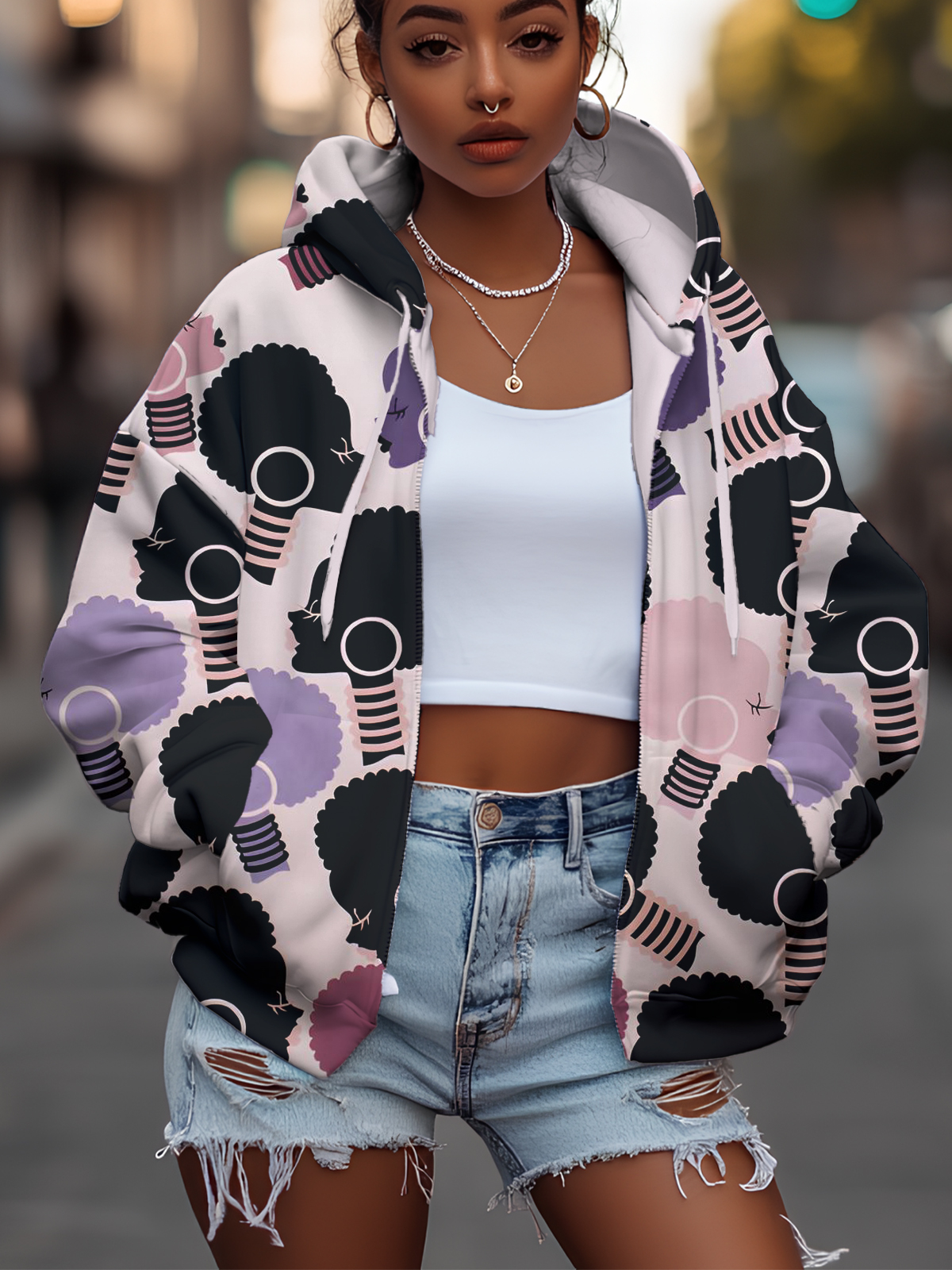 Women's Afro Black Woman Portrait Art Print Hooded Zip Up Jacket-Styleame