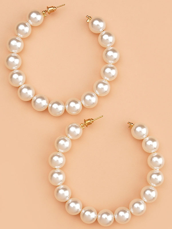 Fashion Elegant Sisterhood Pearl Beads C Shape Hoop Open Earrings-Styleame